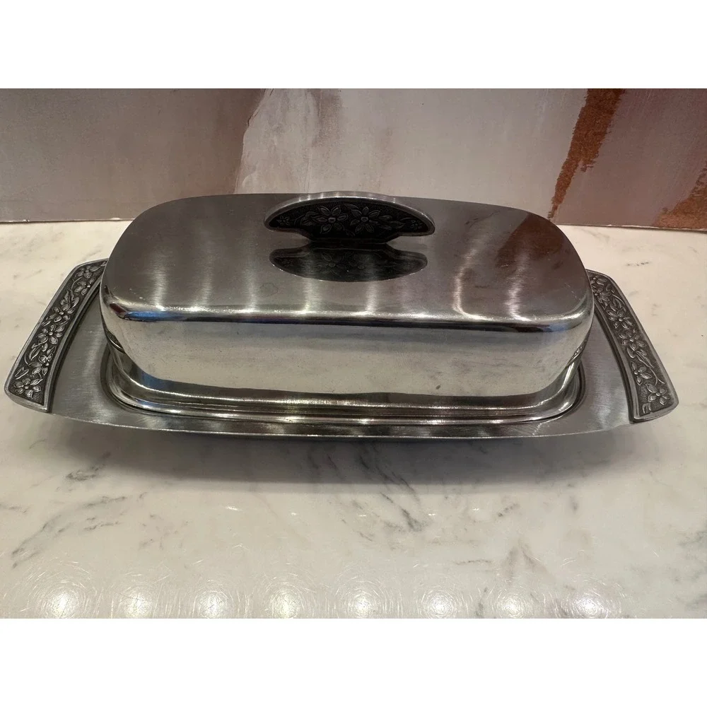 Vtg Stainless Steel Flower Emboss 70s MCM Japan‎ Butter Sugar Creamer Gravy Boat
